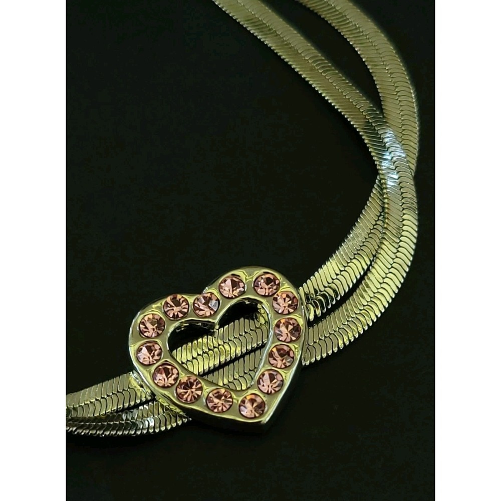 Silver Tone Triple Strand Pink Rhinestone Heart Bracelet 9in Snake Chain 8g